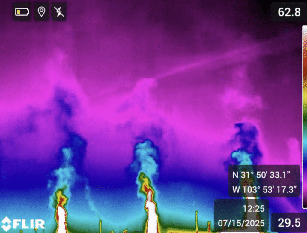 Optical gas imaging showing uncombusted methane emissions from oil and gas production