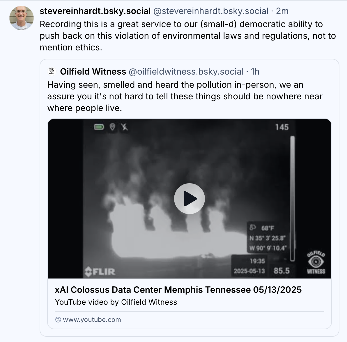 bluesky comment thanking oilfield witness for their work. 